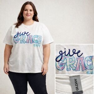 Gildan Softstyle Give Grace Graphic Tee 3XL White Inspirational Shirt Plus Size